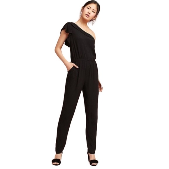 Anthropologie Greylin Black One Shoulder Ruffle Jumpsuit Women’s Size Medium - Picture 1 of 5